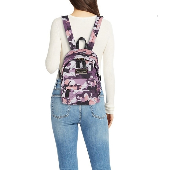 Marc Jacobs Quilted Camo Print Backpack Purple Violet Gray Mini Fabric Authentic - Picture 4 of 11